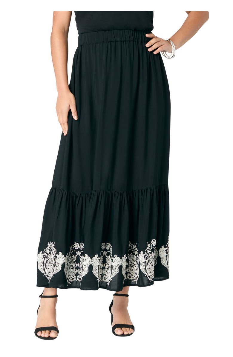 Roaman's Plus Size Lace-Trim Pull-On Skirt, Main, color, Black