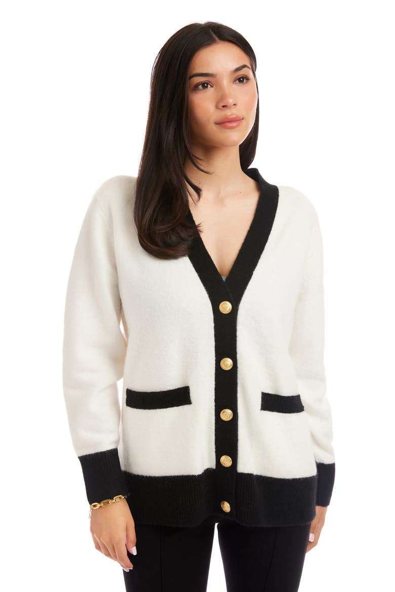 Colorblock Trim Cardigan, Alternate, color, IVORY/ BLACK