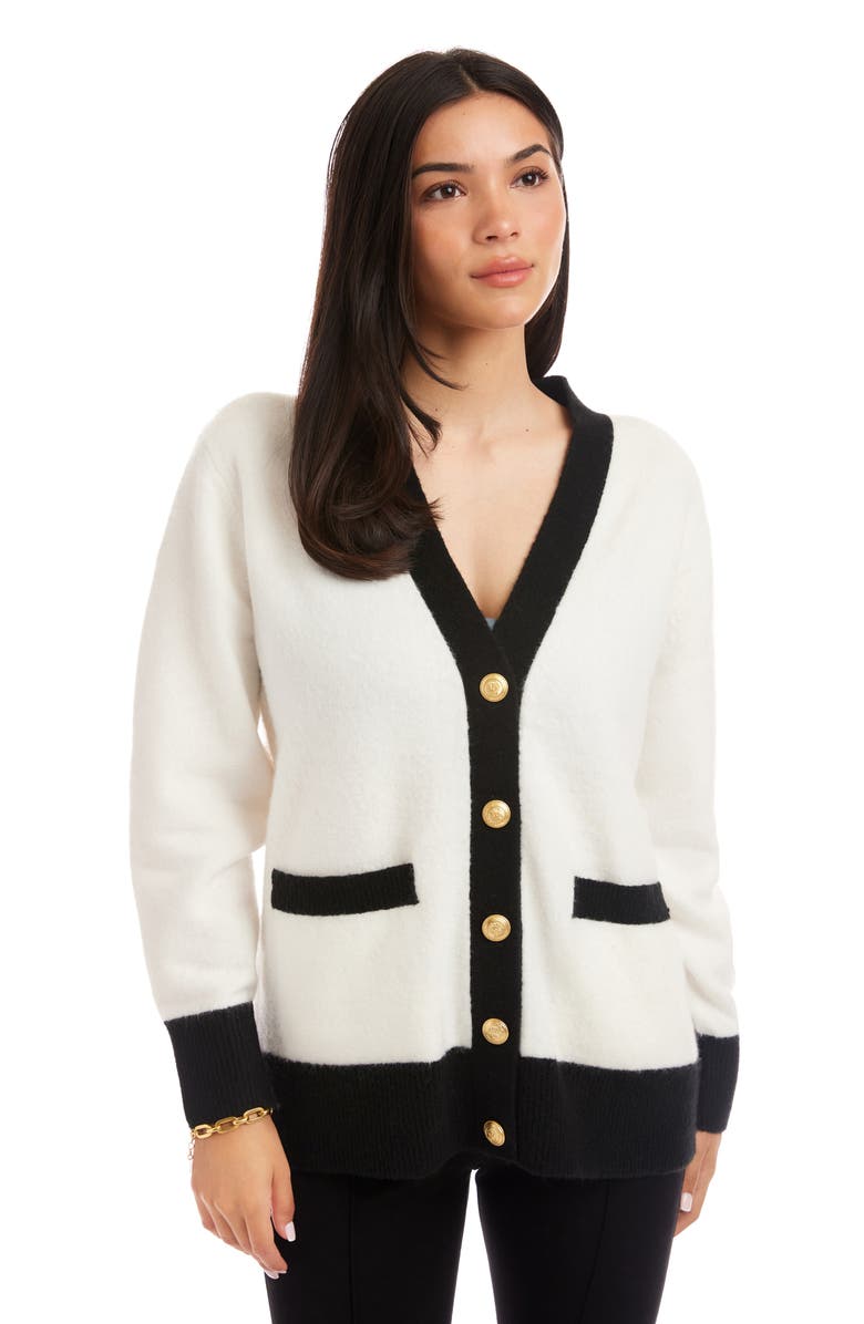 Karen Kane Colorblock Trim Cardigan, Alternate, color, Ivory/ Black