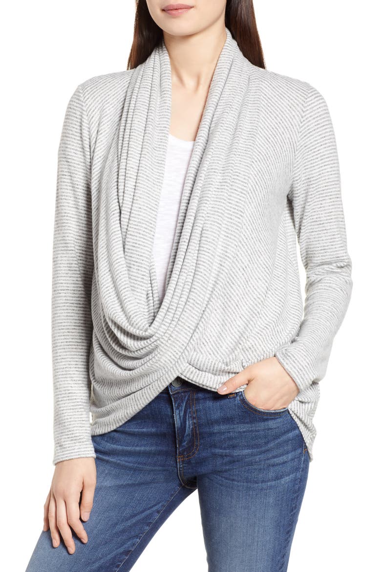Gibson Cozy Convertible Wrap Cardigan, Alternate, color, GREY WHITE MINI STRIPE