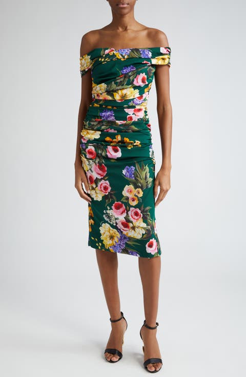 Garden Floral Print Charmeuse Sheath Dress