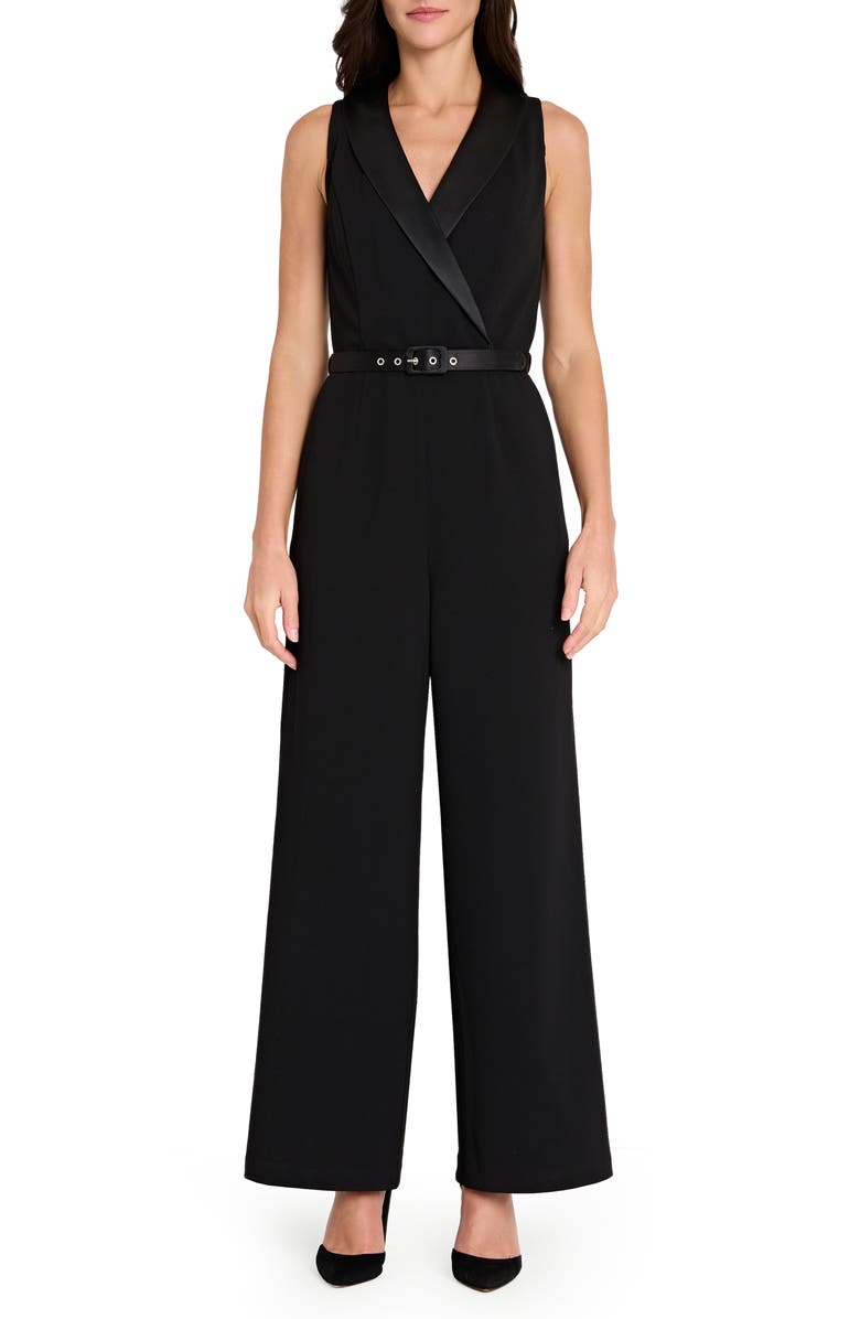 Tahari ASL Sleeveless Tuxedo Jumpsuit, Main, color, Black