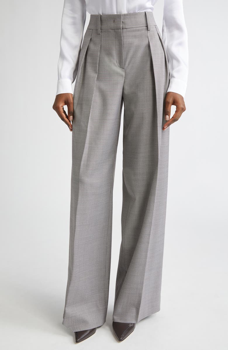 Michael Kors Collection Pleated Houndstooth Slouch Stretch Virgin Wool Trousers, Main, color, Chocolate/ White
