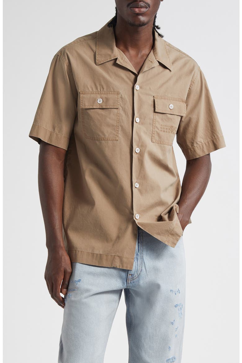 Embroidered Numeric Logo Short Sleeve Button-Up Shirt, Main, color, DUNE