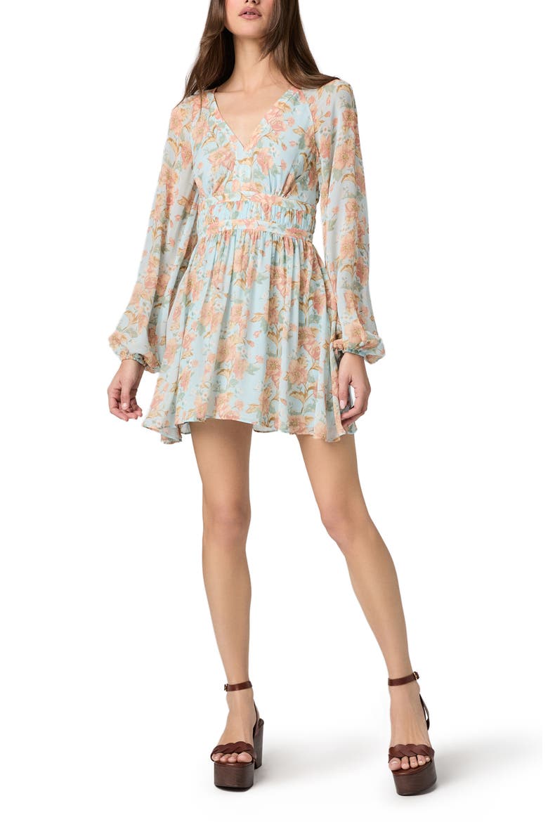 Summerland Long Sleeve Floral Print Silk Minidress, Main, color, SURF MULTI