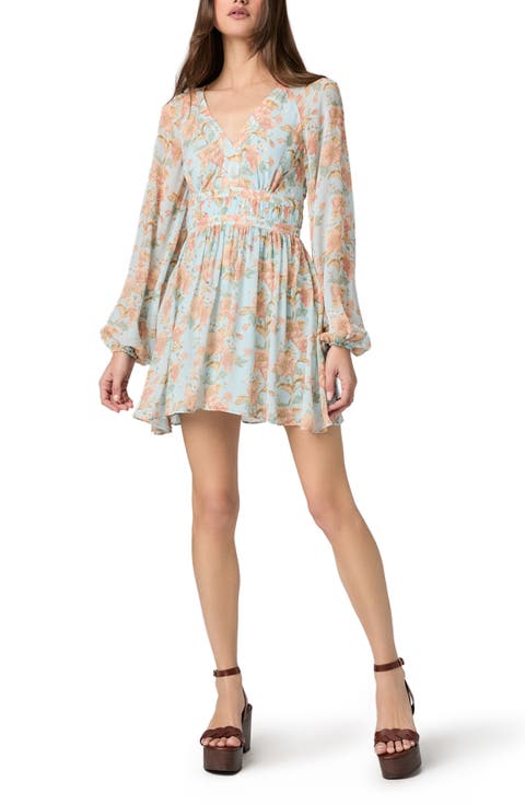 Summerland Long Sleeve Floral Print Silk Minidress