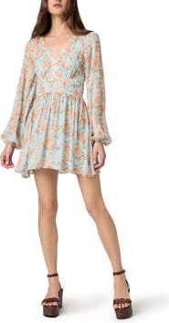PAIGE Summerland Long Sleeve Floral Print Silk Minidress