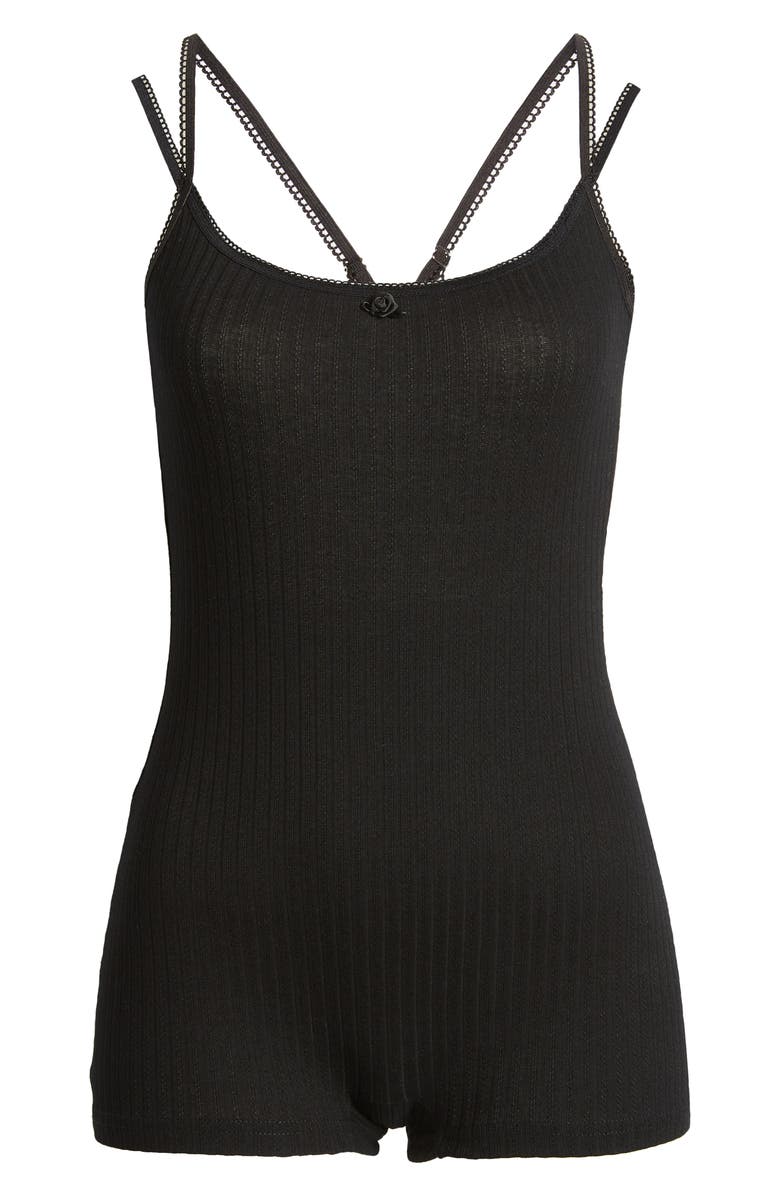 EDIKTED Pointelle Stitch Cross Back Strap Romper, Alternate, color, 