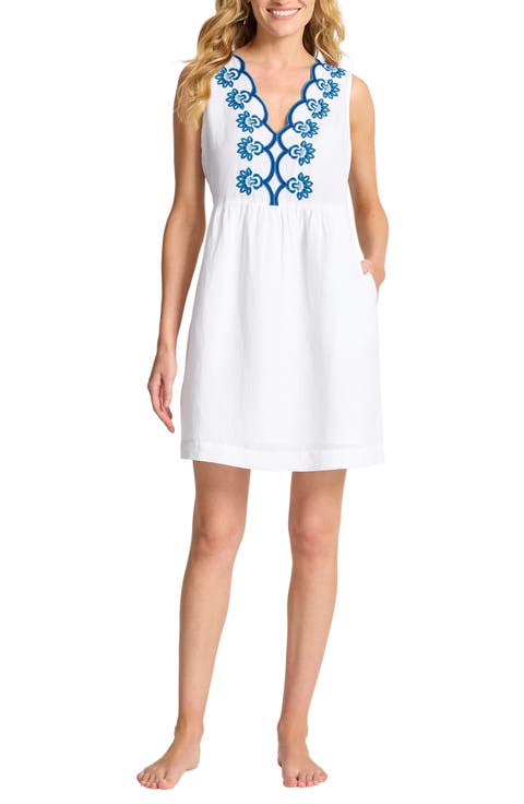St. Lucia Embroidered Sleeveless Linen Blend Cover-Up Dress
