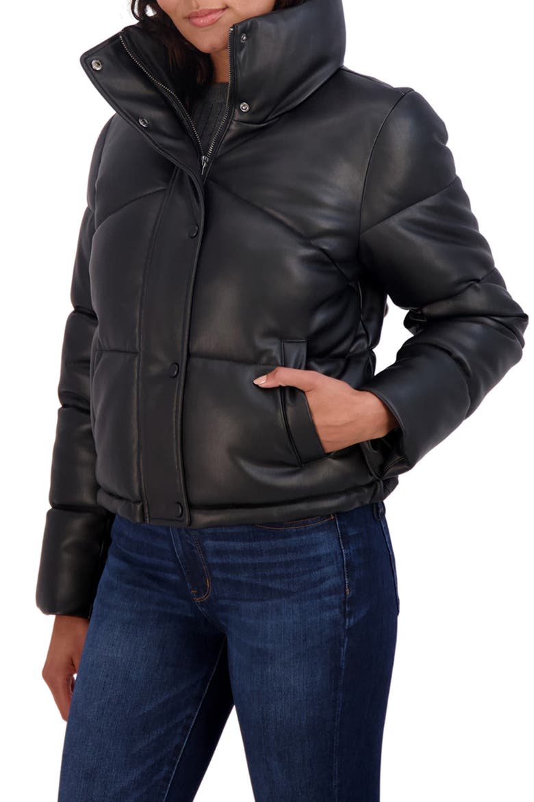 Faux Leather Short Puffer Jacket, Alternate, color, BLACK