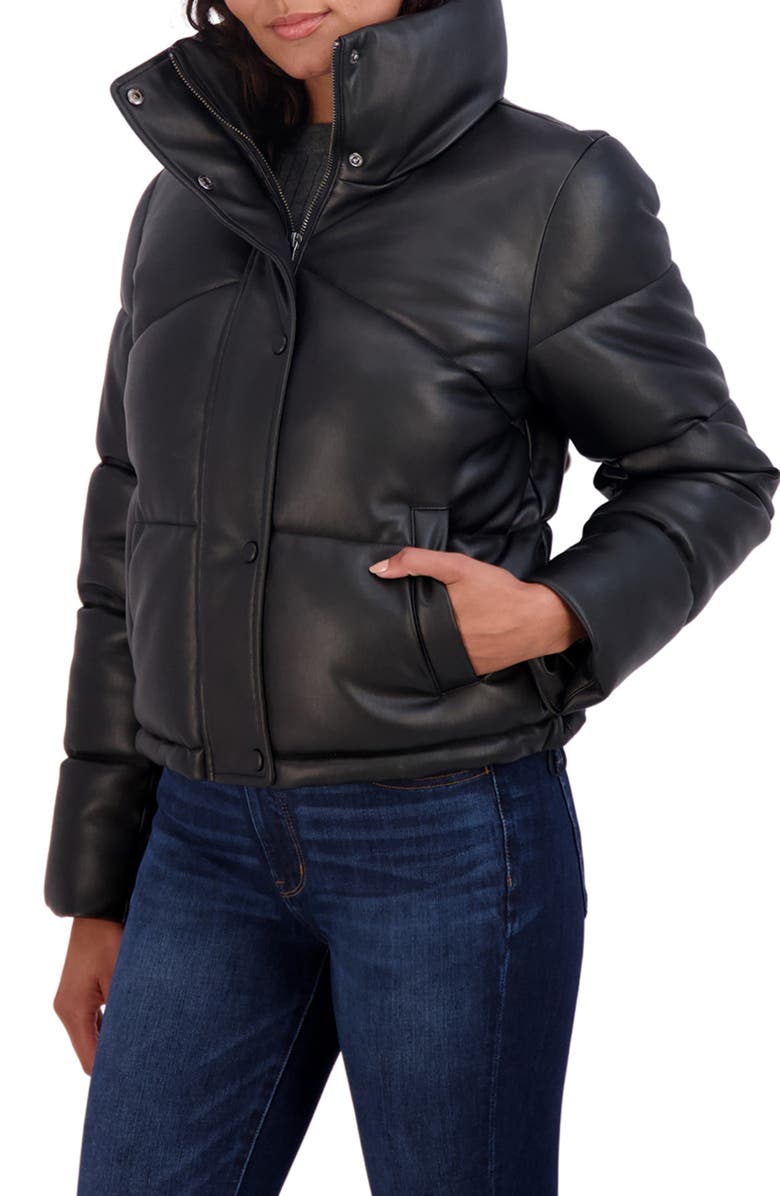 Sebby Short Faux Leather Puffer Jacket, Alternate, color, Black
