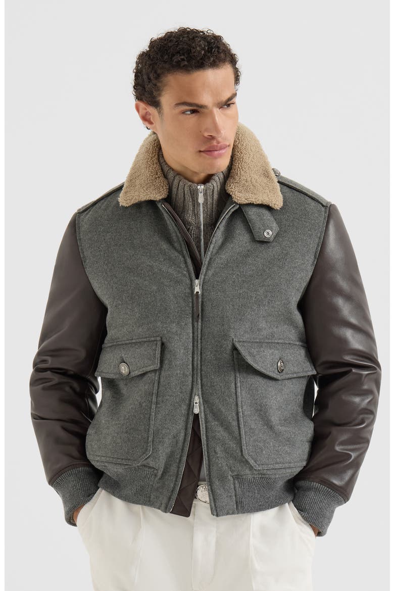 Bonded cashmere beaver cloth and nappa leather bomber jacket with  Thermore® padding and detachable shearling collar, Main, color, Medium Grey