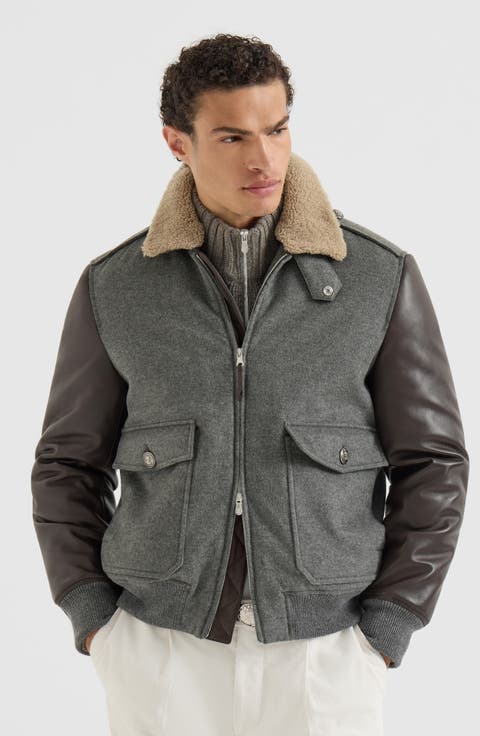 Bonded cashmere beaver cloth and nappa leather bomber jacket with  Thermore® padding and detachable shearling collar
