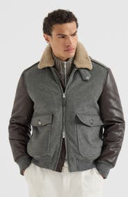 Brunello Cucinelli Bonded cashmere beaver cloth and nappa leather bomber jacket with Thermore® padding and detachable shearling collar