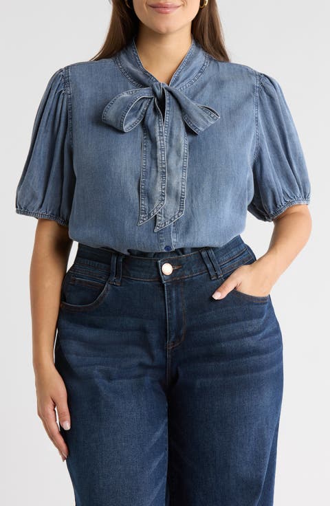 Georgina Tie Neck Chambray Top (Plus)