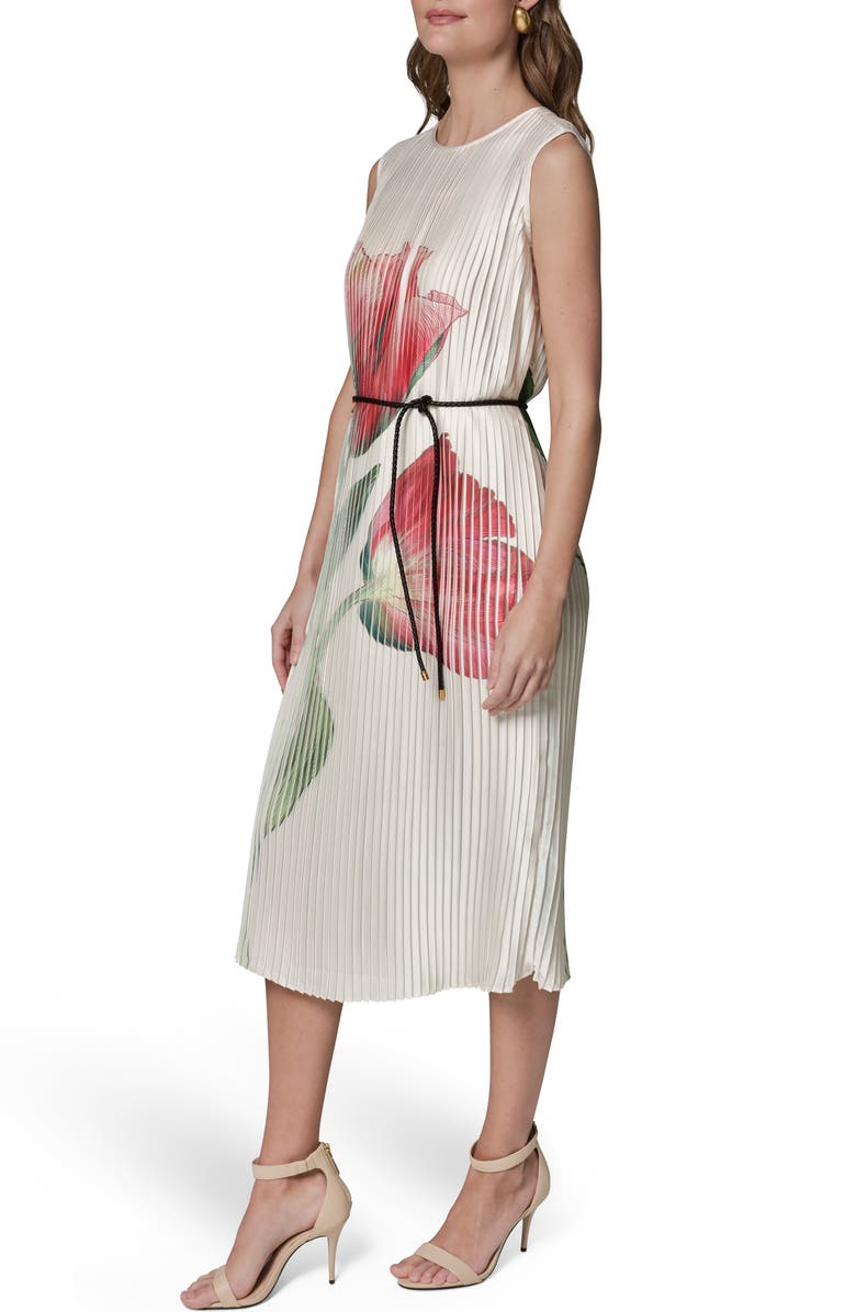 Donna Karan New York Floral Pleat Satin Midi Dress, Alternate, color, Geranium Multi