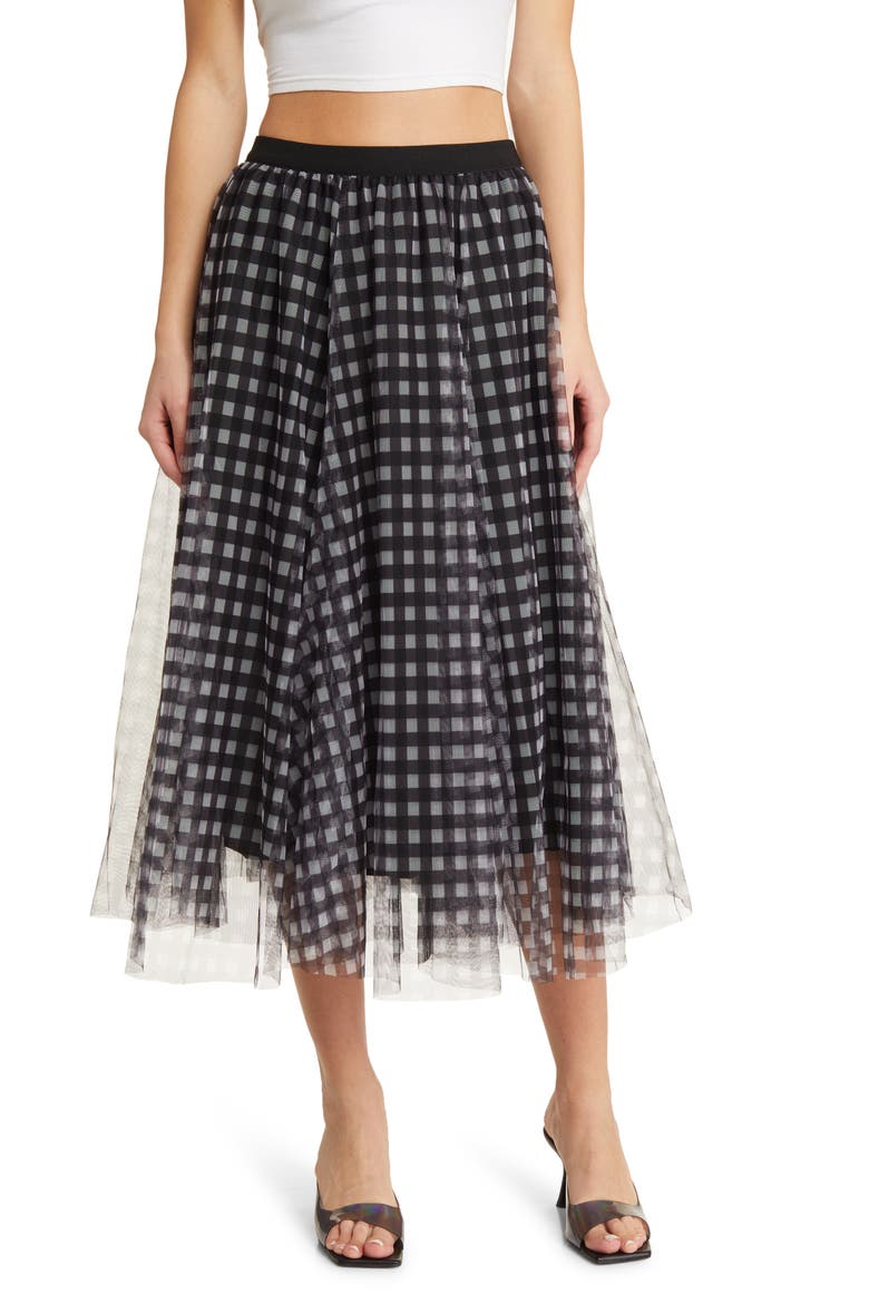 Peggy Check Mesh Skirt, Main, color, BLACK