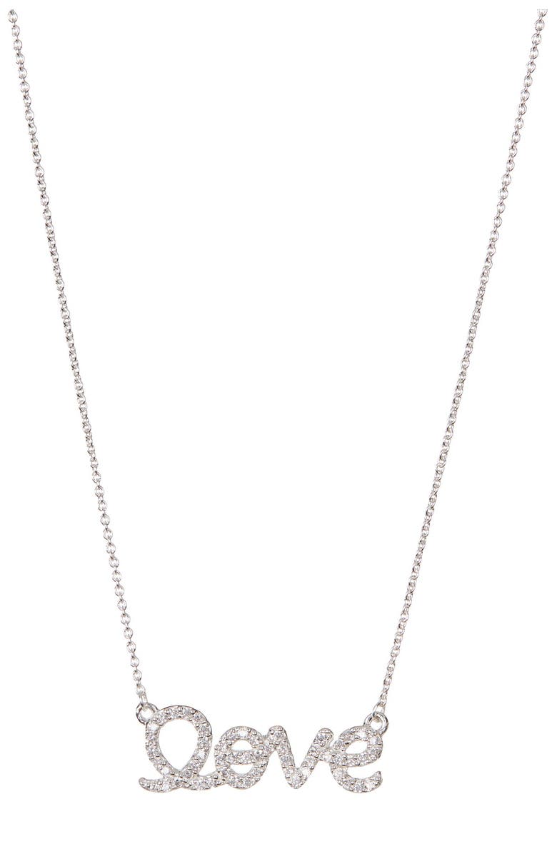 Adornia White Rhodium Plated Swarovski Crystal Accented Cursive Love Pendant Necklace, Main, color, 