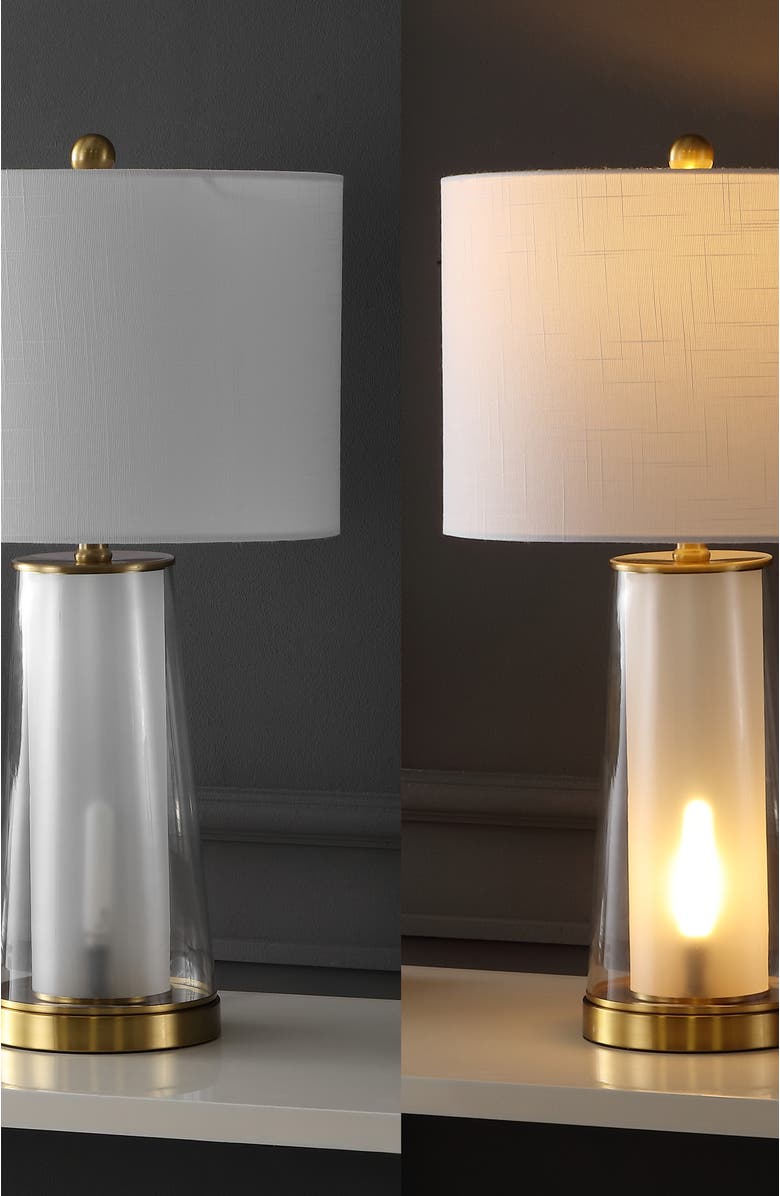 JONATHAN Y Tryon 26" Modern Minimalist Glass/Iron Nightlight LED Table Lamp, Alternate, color, Clear/Brass Gold