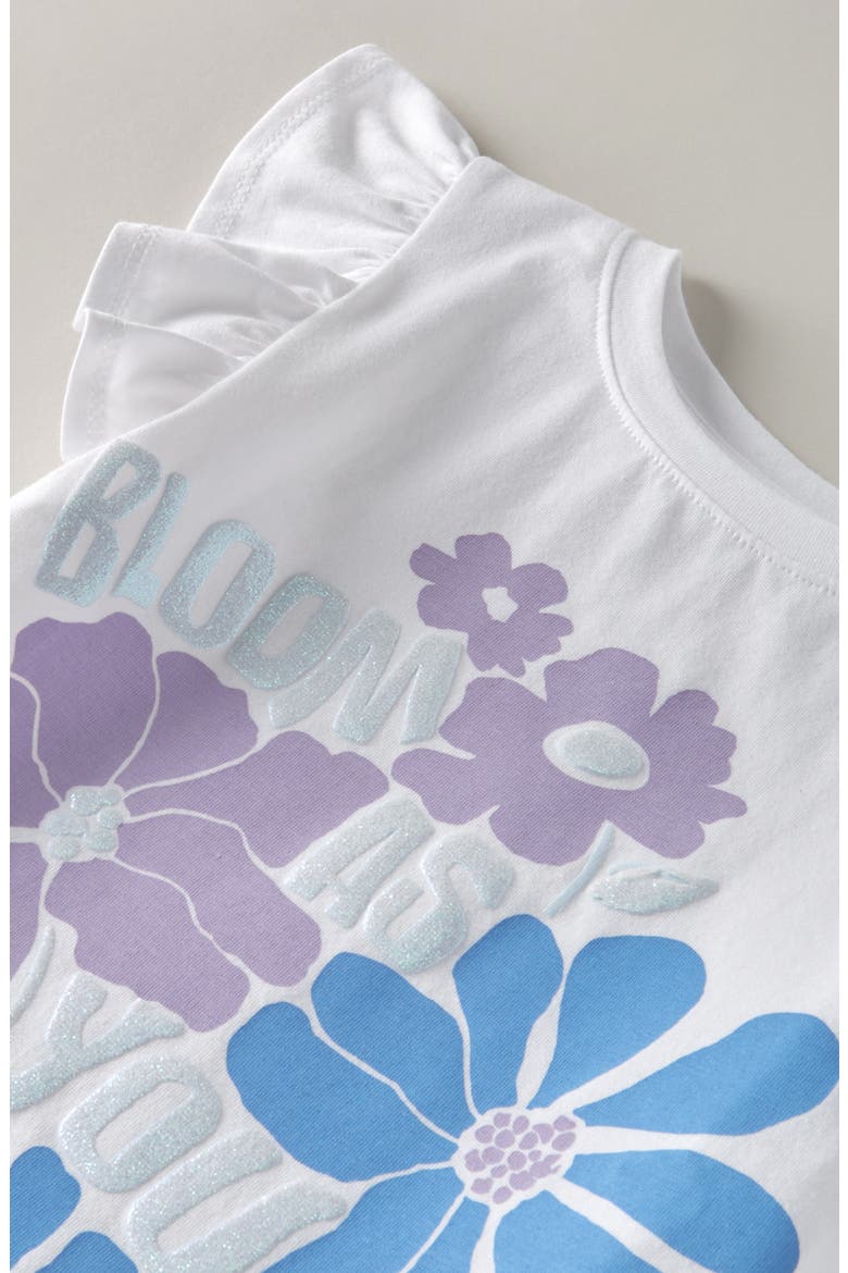 Kids' Flutter Sleeve Cotton Graphic T-Shirt, Alternate, color, WHITE GLITTER BLOOM