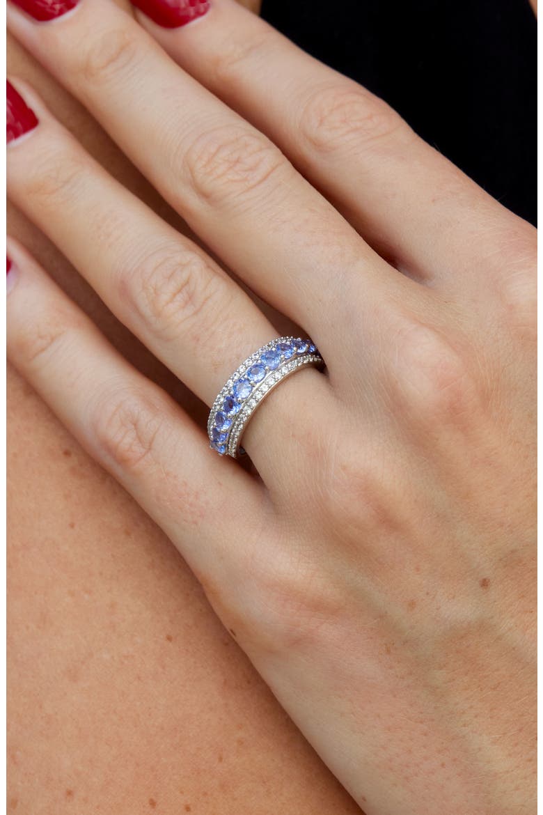 Rhodium Plated Sterling Silver Tanzanite & White Zircon Band Ring, Alternate, color, SILVER/ BLUE