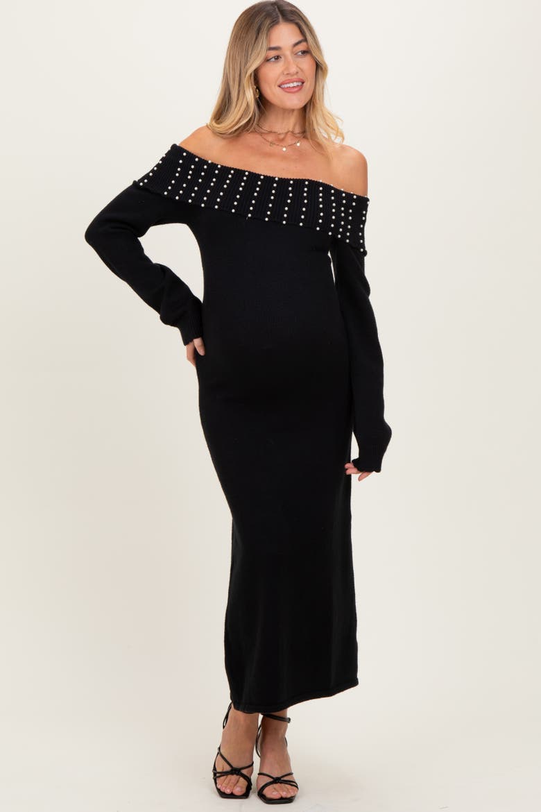 Faux Pearl Detail Off Shoulder Sweater Dress, Alternate, color, Black