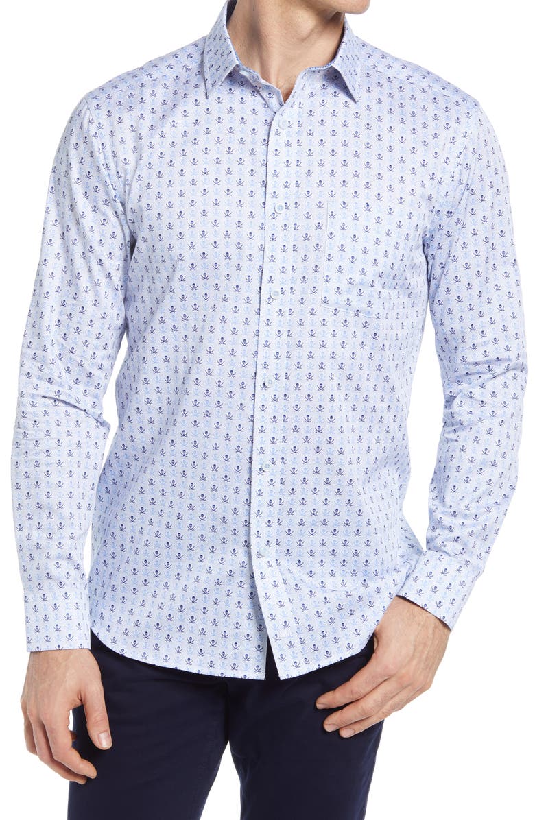 Johnston & Murphy Pirate Skull Print Button-Up Shirt, Main, color, 