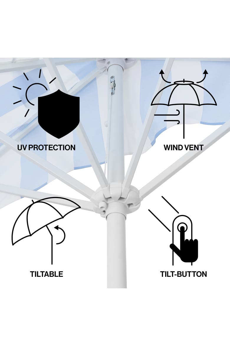 Beverly Coastal Half Patio Umbrella, Space-Saving Balcony Shade with Scalloped Fringe, Crank & Manual Tilt, Alternate, color, Light Blue/White Pole