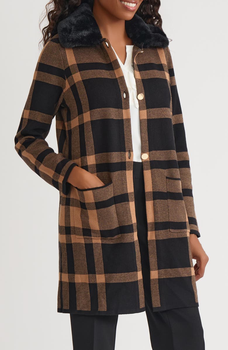 KASPER Plaid Coat with Faux Fur Collar, Alternate, color, Black/ Dark Camel