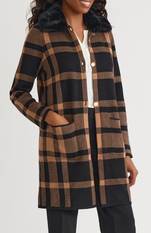 Kasper Plaid Coat With Faux Fur Collar In Brown