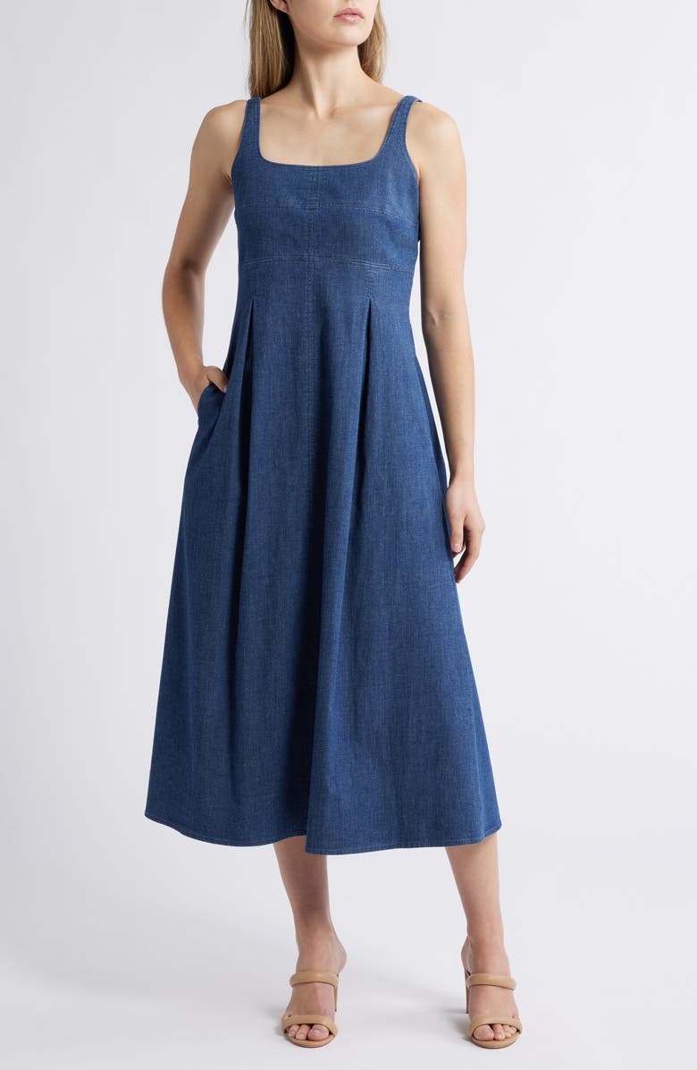 Anne Klein Pleated Denim Dress, Main, color, Dark Wash