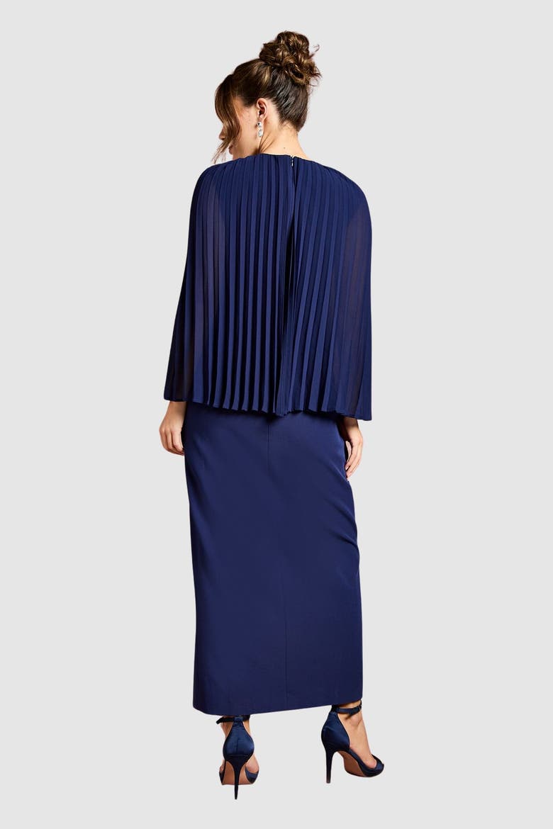 Pleated Cape Detail Crepe Pencil Dress, Alternate, color, Navy