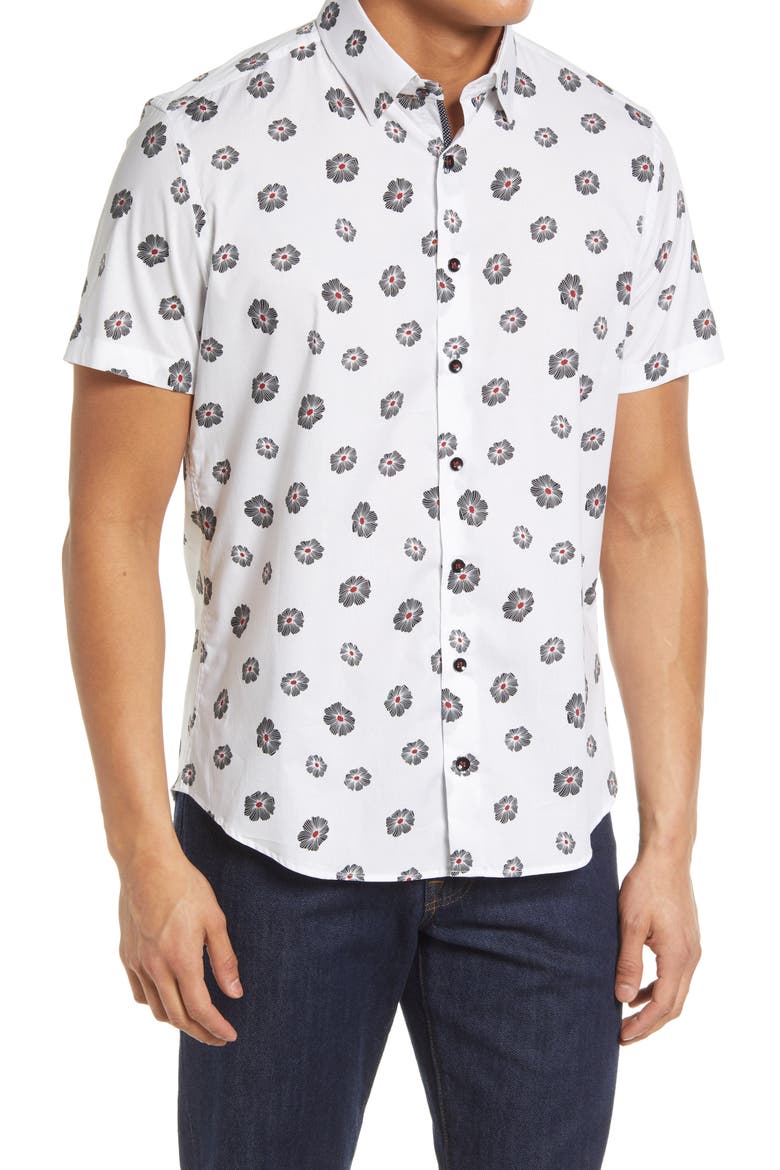 Floral Short Sleeve Stretch Button-Up Shirt, Main, color, WHITE