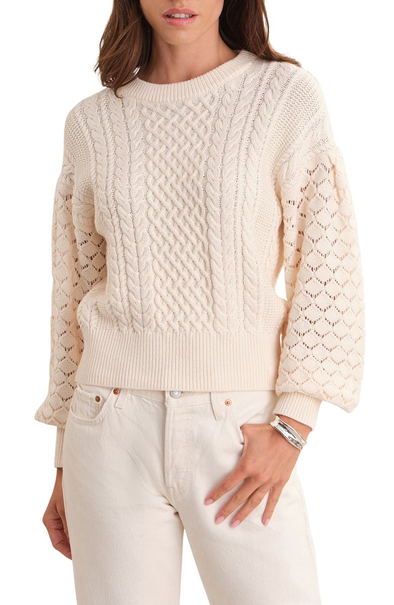 525 america Piper Mixed Stitch Balloon Sleeve Cotton Crewneck Sweater, Main, color, Sea Salt