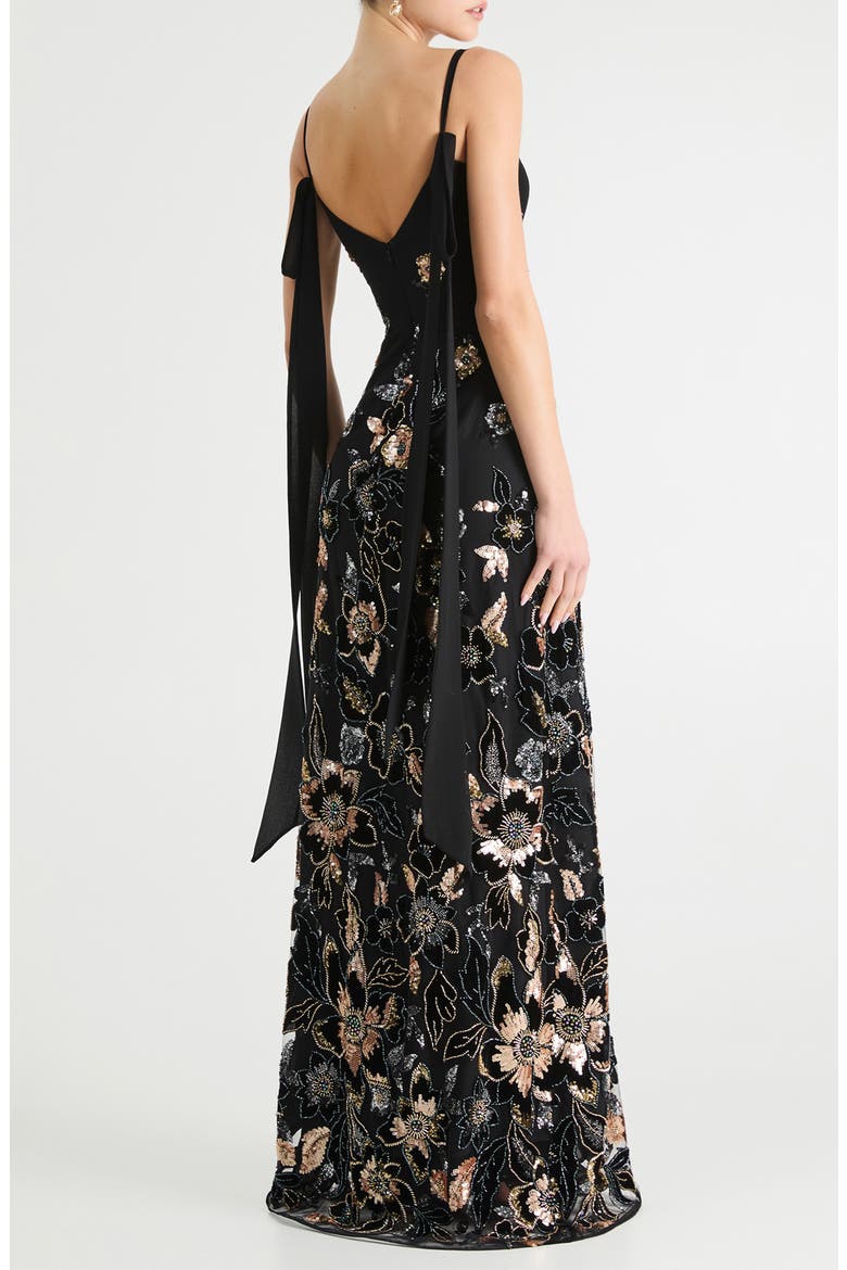 Dana Tie Strap Sequin & Bead Floral Gown, Alternate, color, BLACK/ GOLD