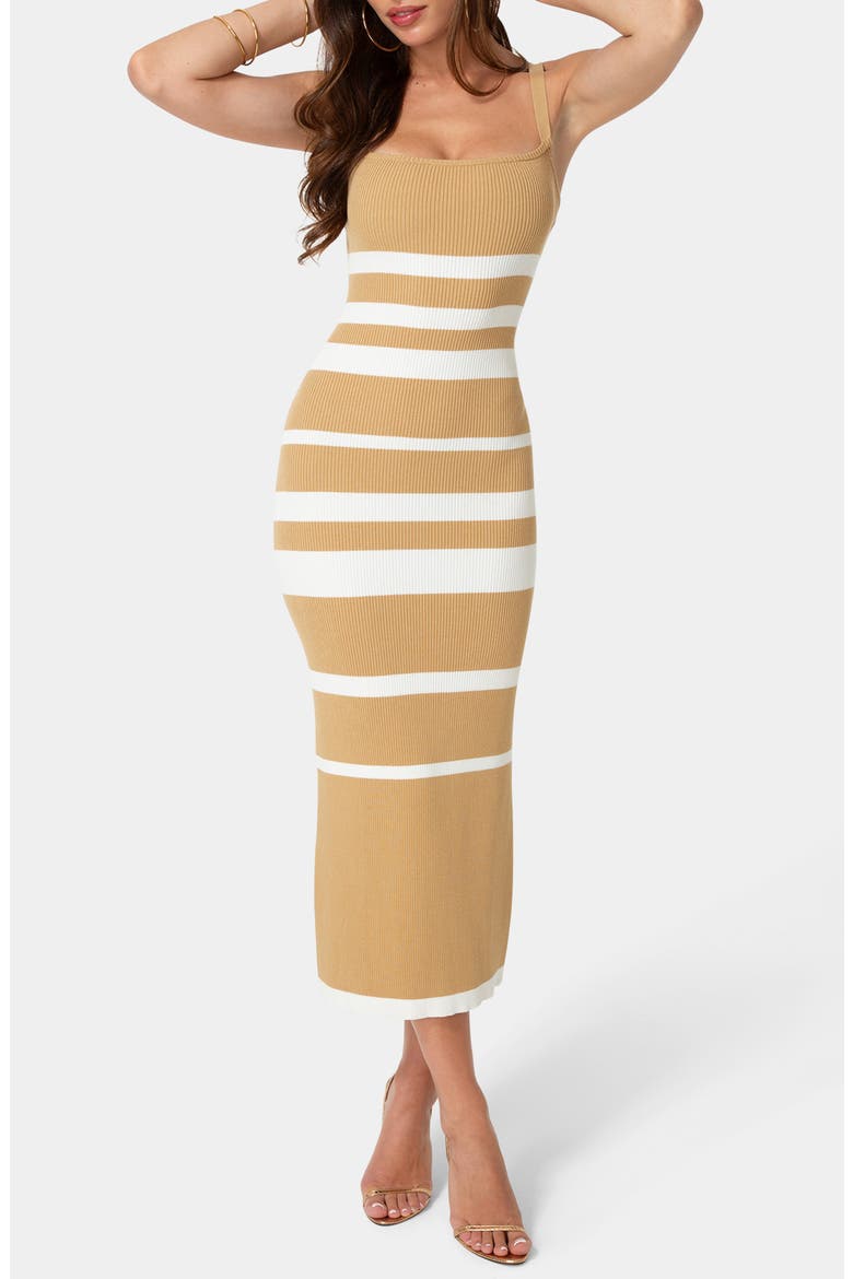Rib Knit Sleeveless Midi Dress, Main, color, TAN/ WHITE