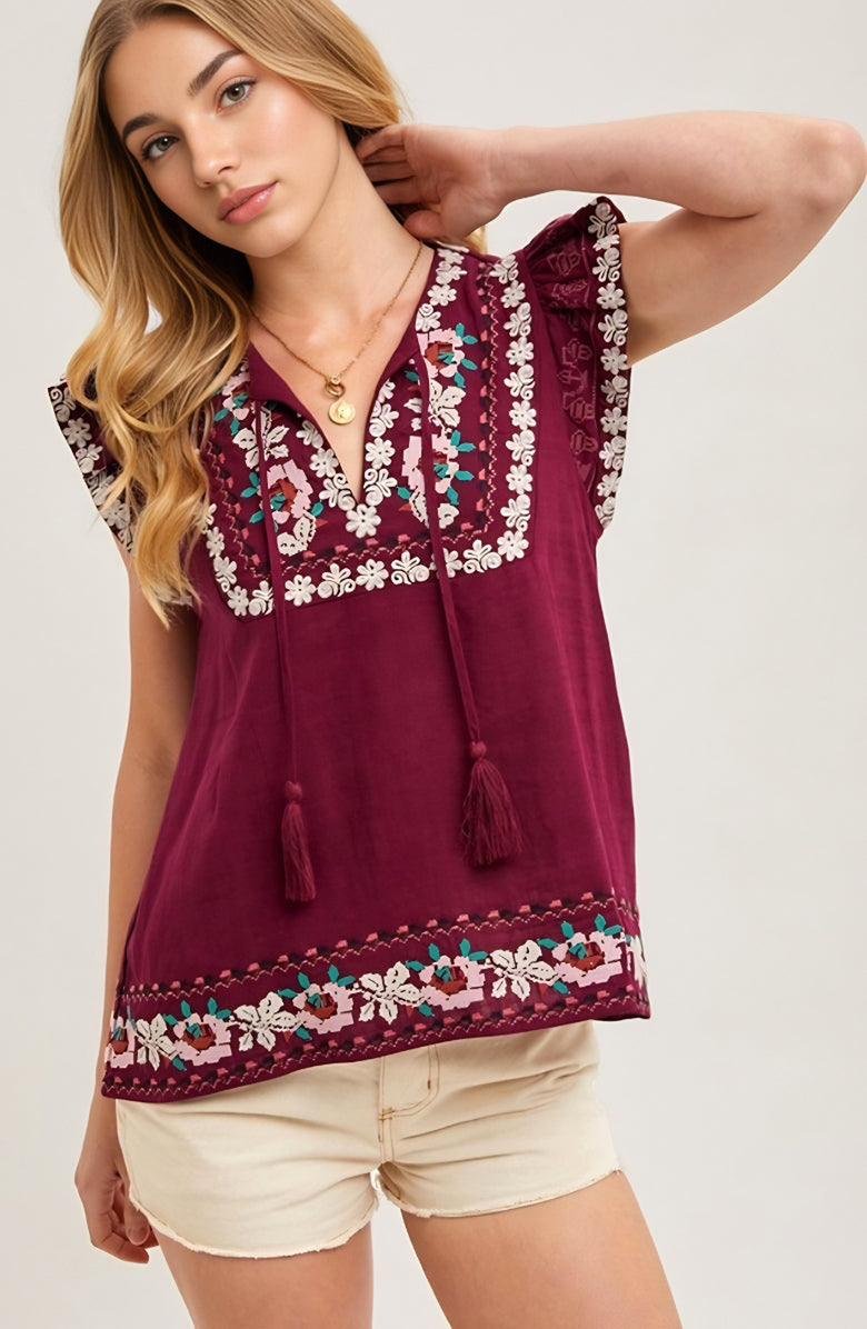 Knit and Lounge Floral Embroidered Flutter Sleeve Tassel Tie Boho Blouse, Alternate, color,