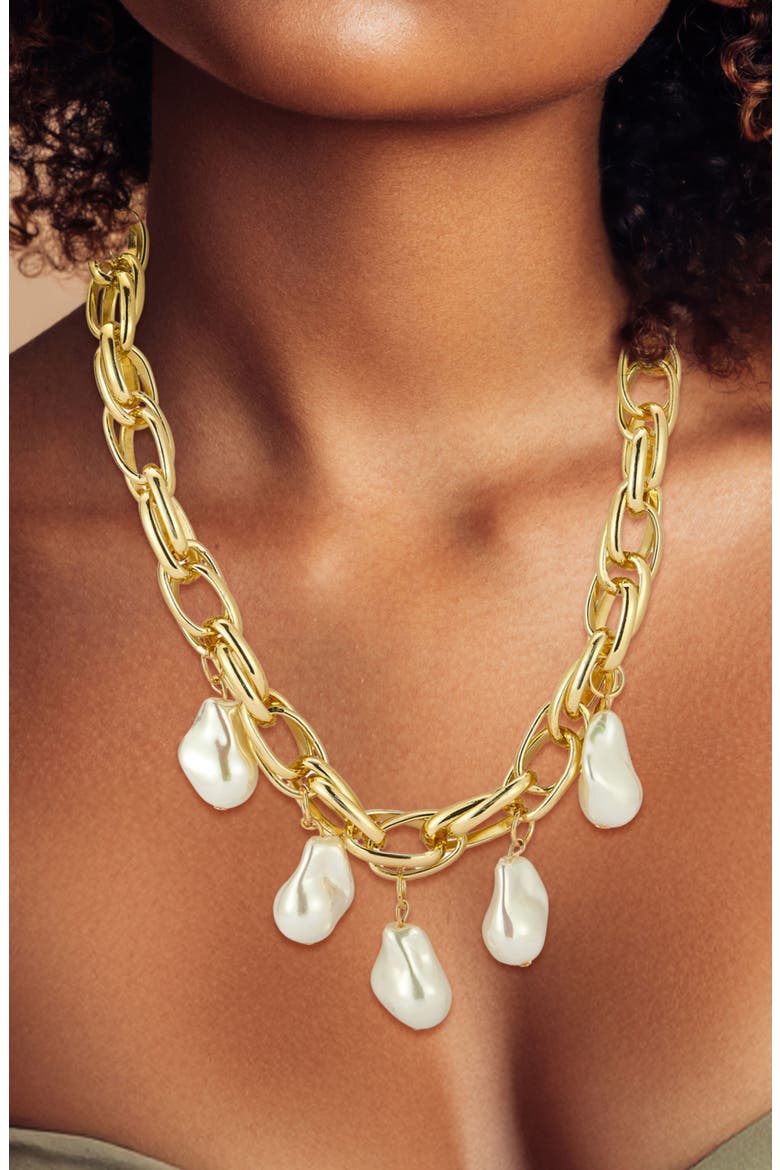 Faux Pearl Charm Necklace, Alternate, color, GOLD