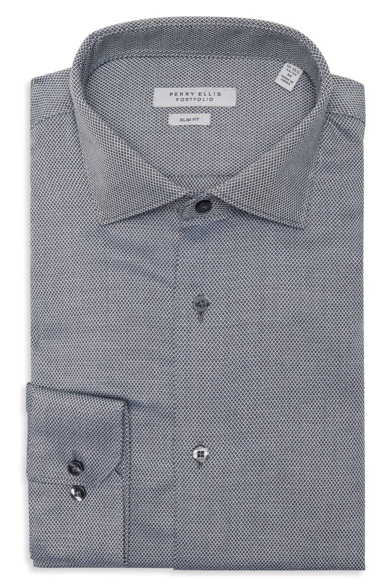 Slim Fit Diamond Dobby Dress Shirt, Main, color, BLACK