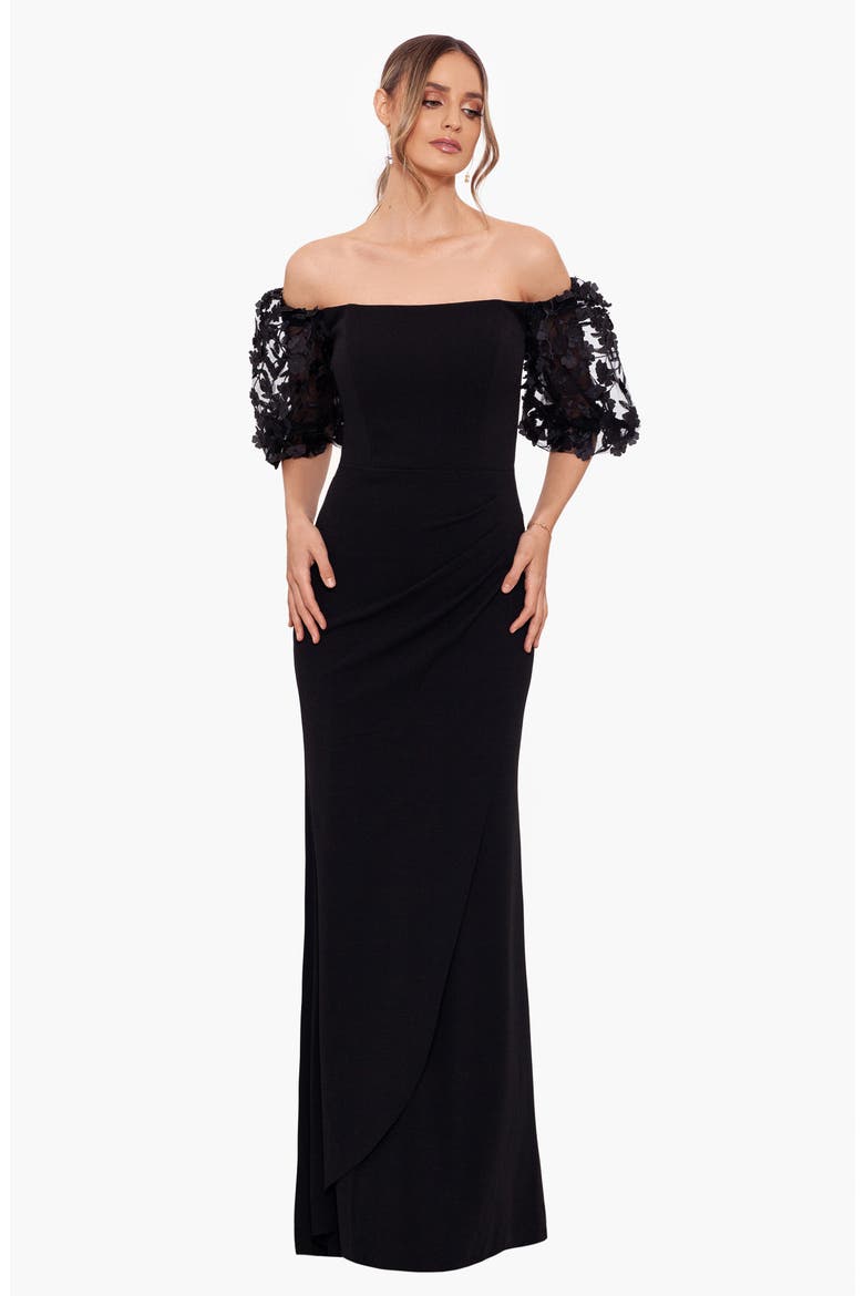 Off the Shoulder Floral Appliqué Trumpet Gown, Alternate, color, BLACK