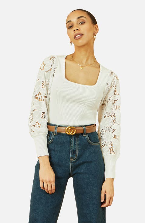 Ribbed Knitted Lace Sleeve Sweater