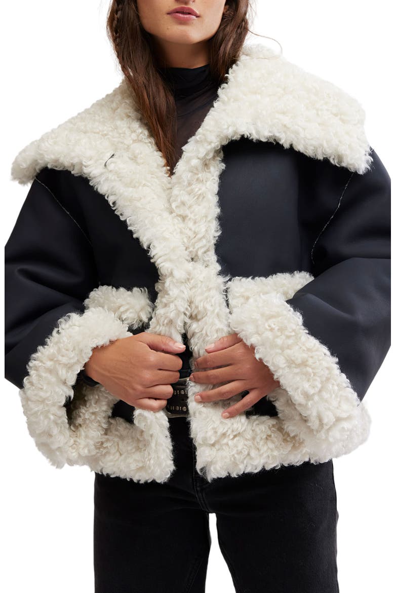 Kiki Faux Leather Jacket with High Pile Fleece Trim, Main, color, BLACK COMBO