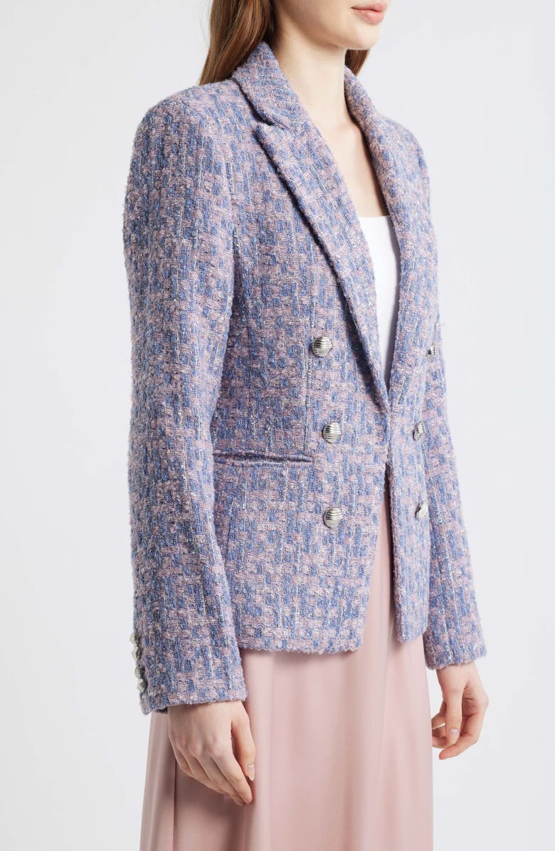 Tahari ASL Metallic Faux Double Breasted Tweed Jacket, Alternate, color, Blue Rose Silver