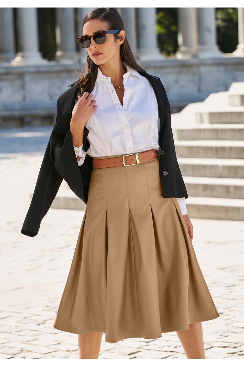 Faux Leather Pleated Midi Skirt, Alternate, color, SOFT CAMEL