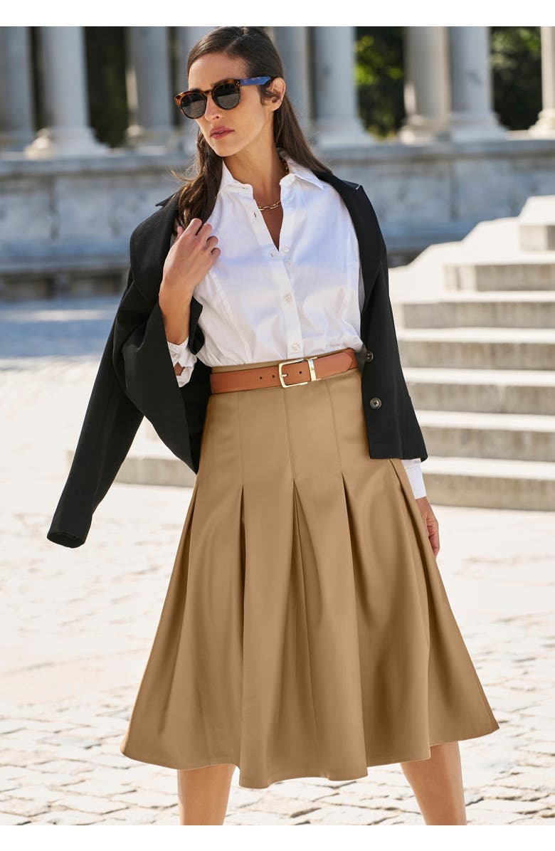 Jessica London Faux Leather Pleated Midi Skirt, Alternate, color, Soft Camel