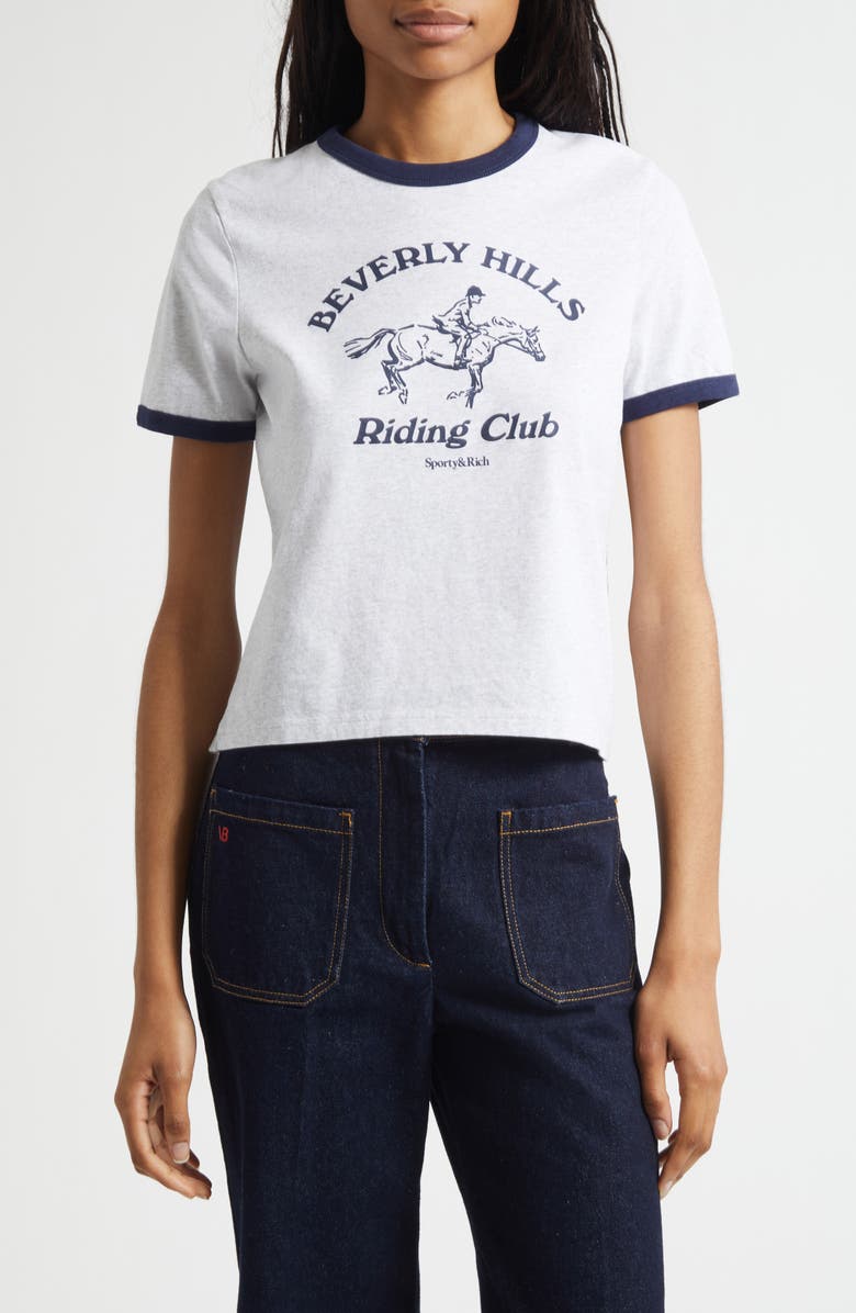 Sporty & Rich Riding Club Graphic Ringer T-Shirt, Main, color, Heather Gray/ Dark Navy