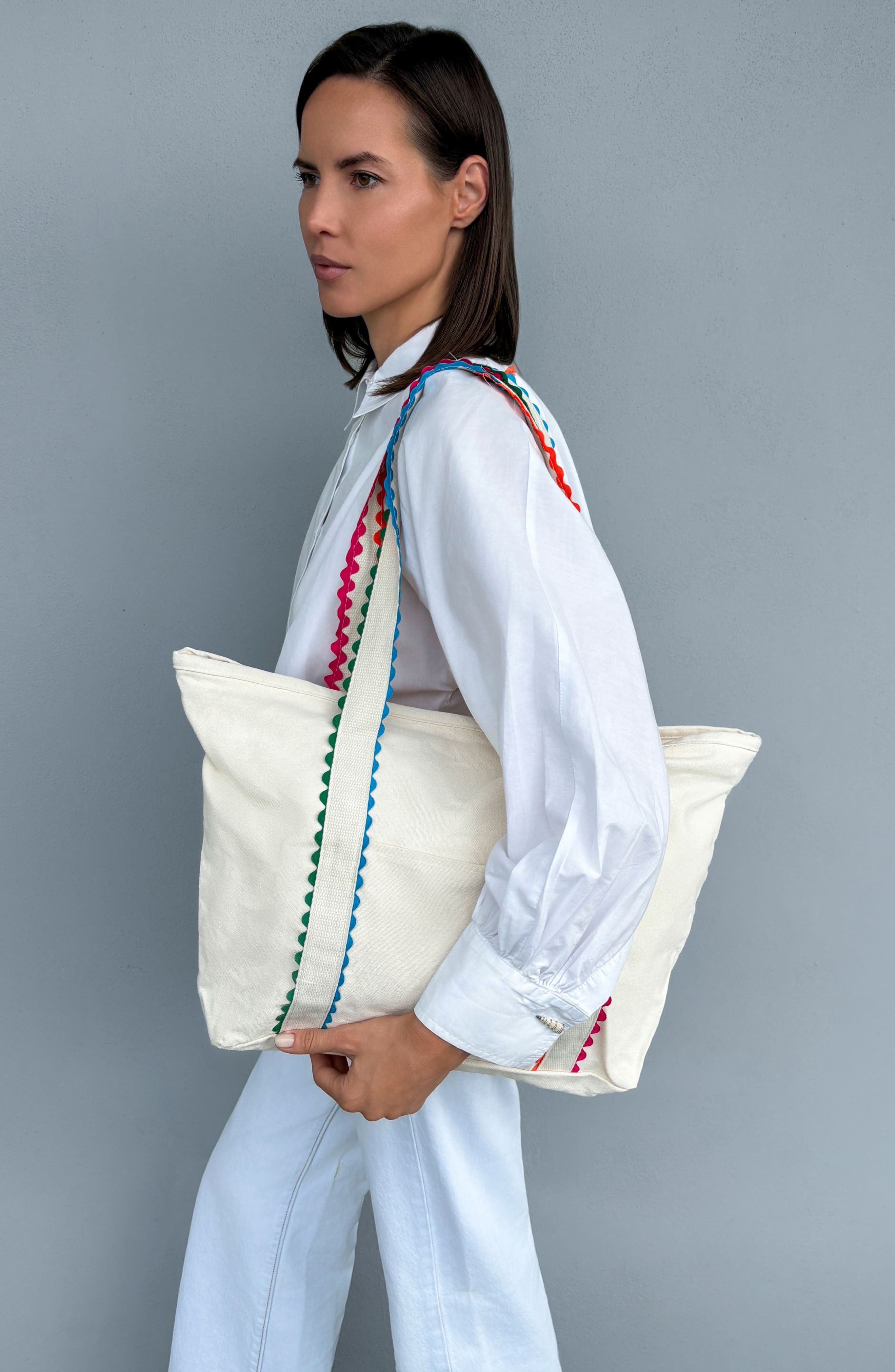 Ricrac Trim Canvas Tote, Alternate, color, WHITE