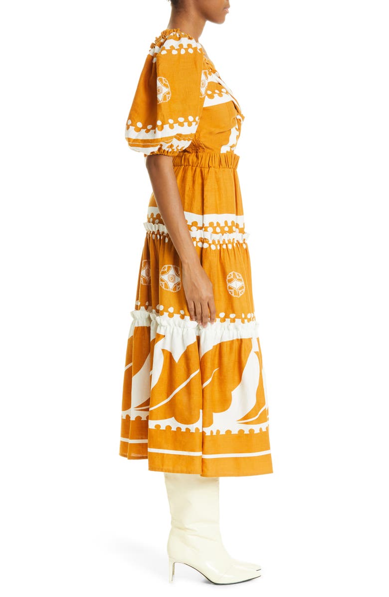 Sea Liora Puff Sleeve Cutout Linen & Cotton Dress, Alternate, color, Mustard