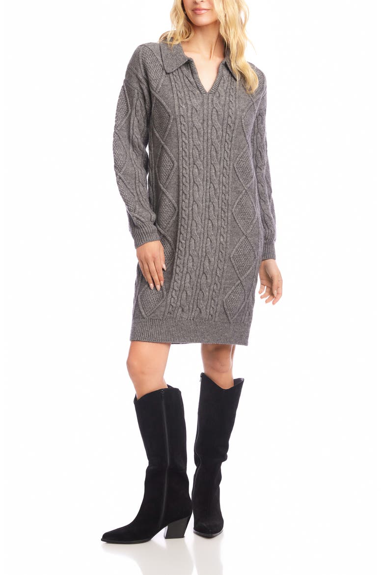 Cable Stitch Johnny Collar Long Sleeve Sweater Dress, Main, color, DARK GRAY