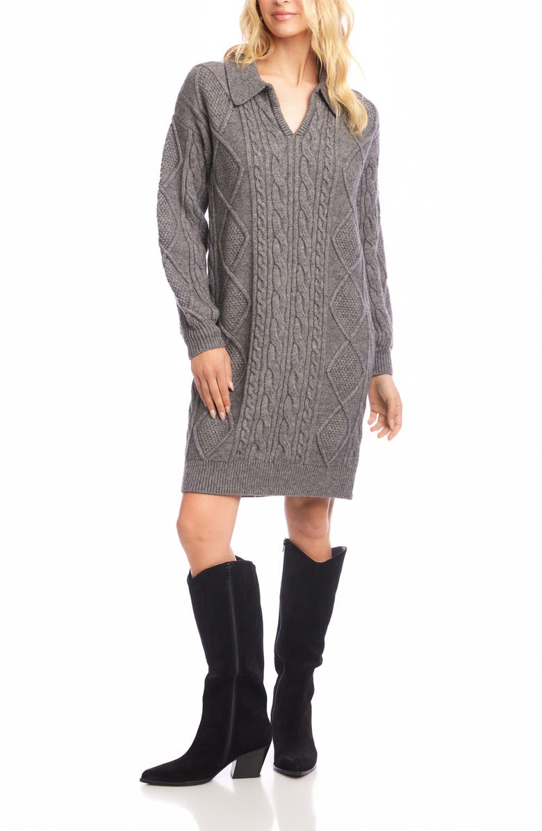Karen Kane Cable Stitch Johnny Collar Long Sleeve Sweater Dress, Main, color, Dark Gray